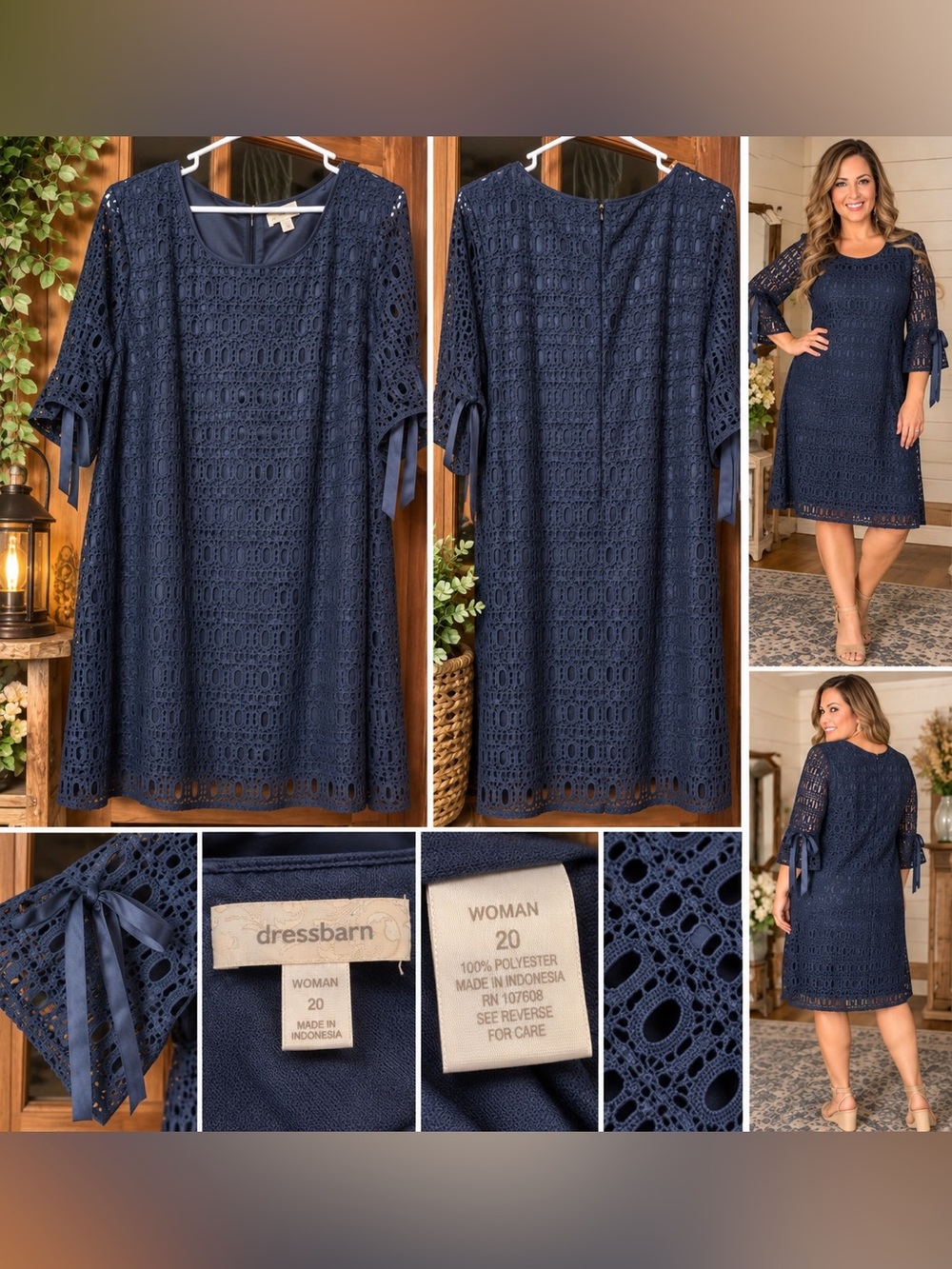 dressbarn Navy Crochet Lace Tie-Sleeve Midi Dress